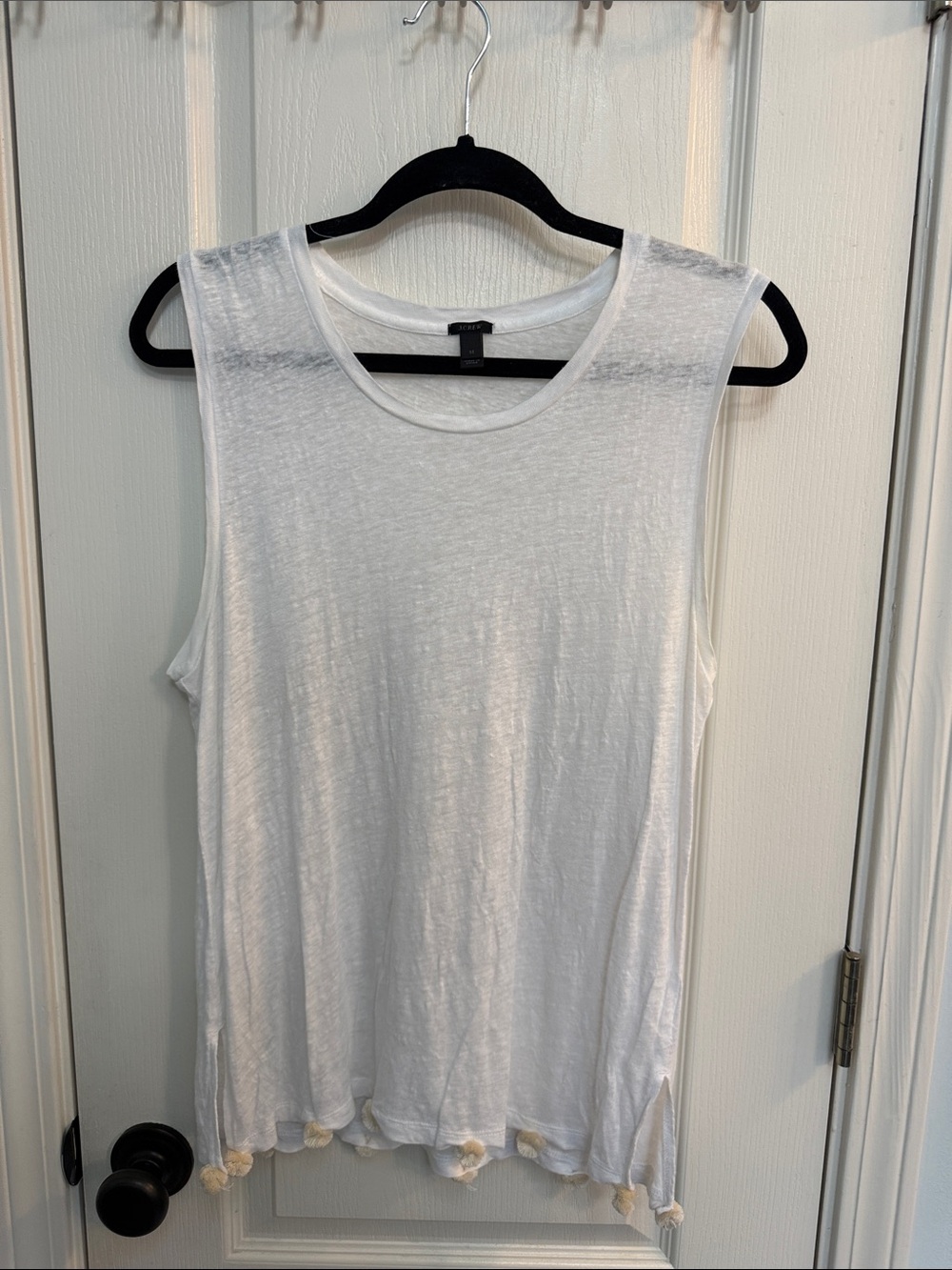 Lightweight White Sleeveless Tank Top with Pom Hem